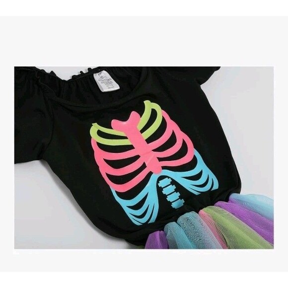 Girls Skeleton Costume Glow In The Dark Punk Bones Halloween Tutu Dress Medium - Picture 3 of 6